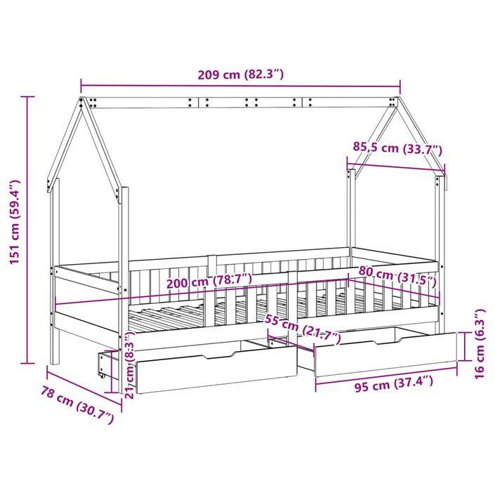 Cadre de lit pour enfants avec tiroirs 80x200cm bois pin massif - Photo n°12