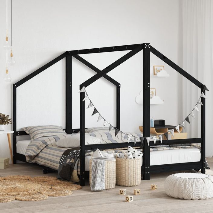 Cadre de lit pour enfants noir 2x(80x200) cm bois de pin massif - Photo n°2