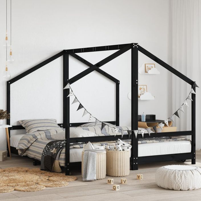 Cadre de lit pour enfants noir 2x(90x190) cm bois de pin massif - Photo n°2