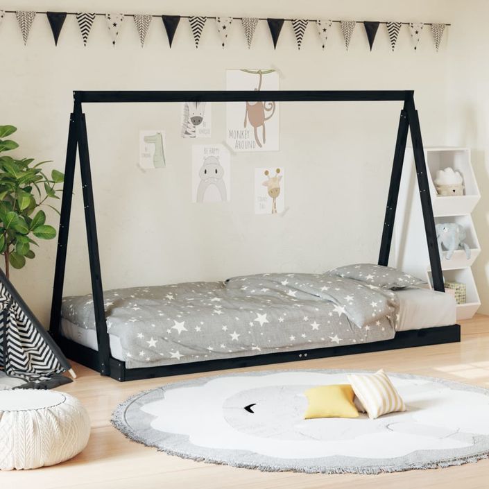 Cadre de lit pour enfants noir 90x200 cm bois de pin massif - Photo n°2