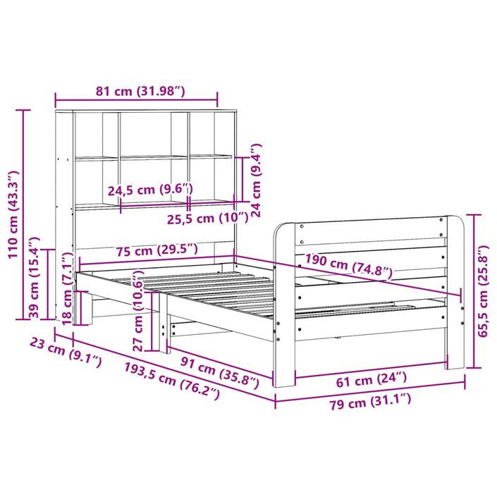 Cadre de lit sans matelas 75x190 cm bois de pin massif - Photo n°11