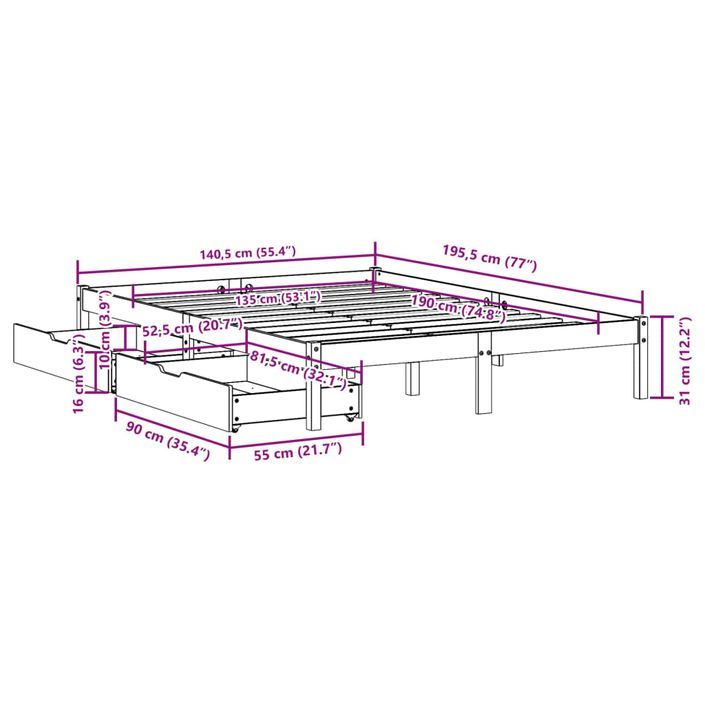 Cadre de lit sans matelas blanc 135x190 cm bois de pin massif - Photo n°11