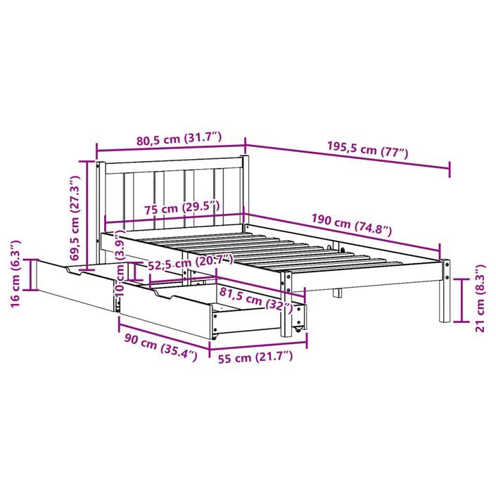 Cadre de lit sans matelas blanc 75x190 cm bois de pin massif - Photo n°11