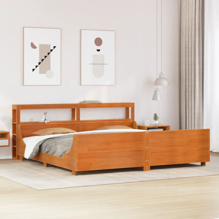 Cadre de lit sans matelas cire marron 200x200cm bois pin massif - Photo n°1