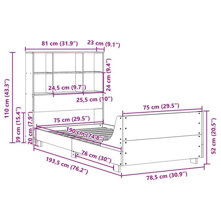 Cadre de lit sans matelas cire marron 75x190 cm bois pin massif - Photo n°12