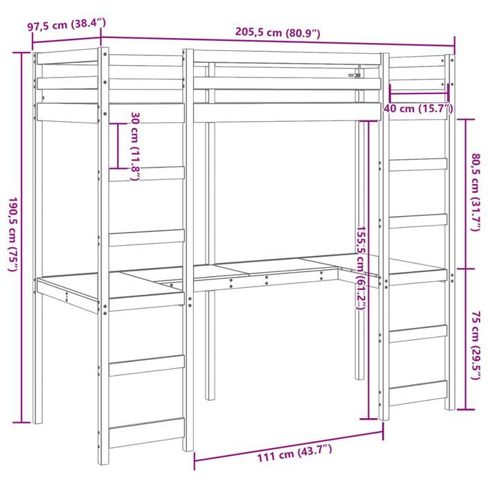 Cadre de lit superposé avec bureau 90x200 cm bois de pin massif - Photo n°10