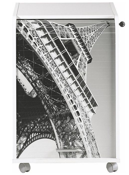 Caisson à rideau sur roulettes 2 tiroirs blanc imprimé tour Eiffel Orga 70 cm - Photo n°1