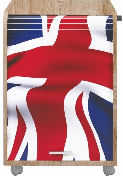 Caisson à rideau sur roulettes 2 tiroirs bois clair imprimé drapeau Anglais Orga - Photo n°1