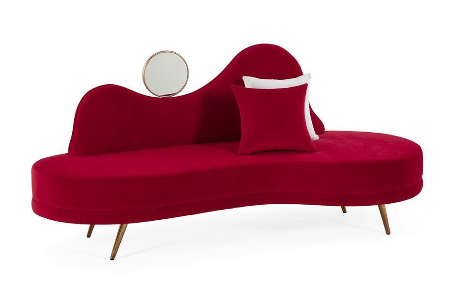 Canapé 2 places tissu rouge avec miroir et pieds métal doré 198 cm - Photo n°1