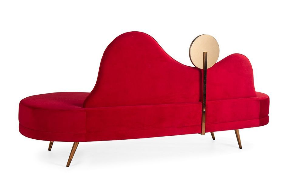 Canapé 2 places tissu rouge avec miroir et pieds métal doré 198 cm - Photo n°3