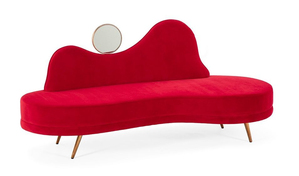 Canapé 2 places tissu rouge avec miroir et pieds métal doré 198 cm - Photo n°4