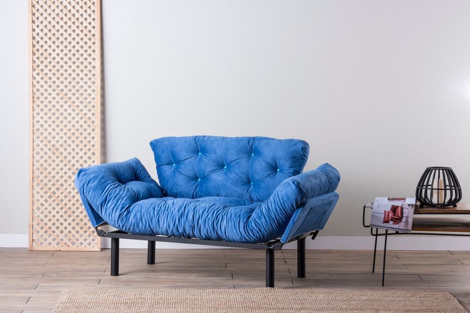 Canapé 2 places transformable en lit tissu bleu Pliaz 155 cm - Photo n°2