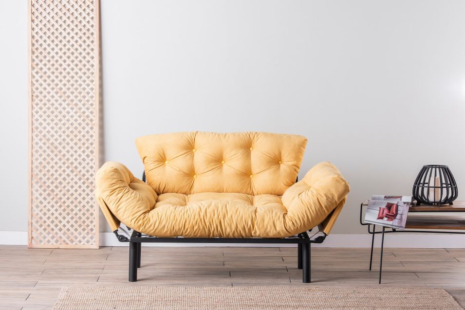 Canapé 2 places transformable en lit tissu jaune Pliaz 155 cm - Photo n°5