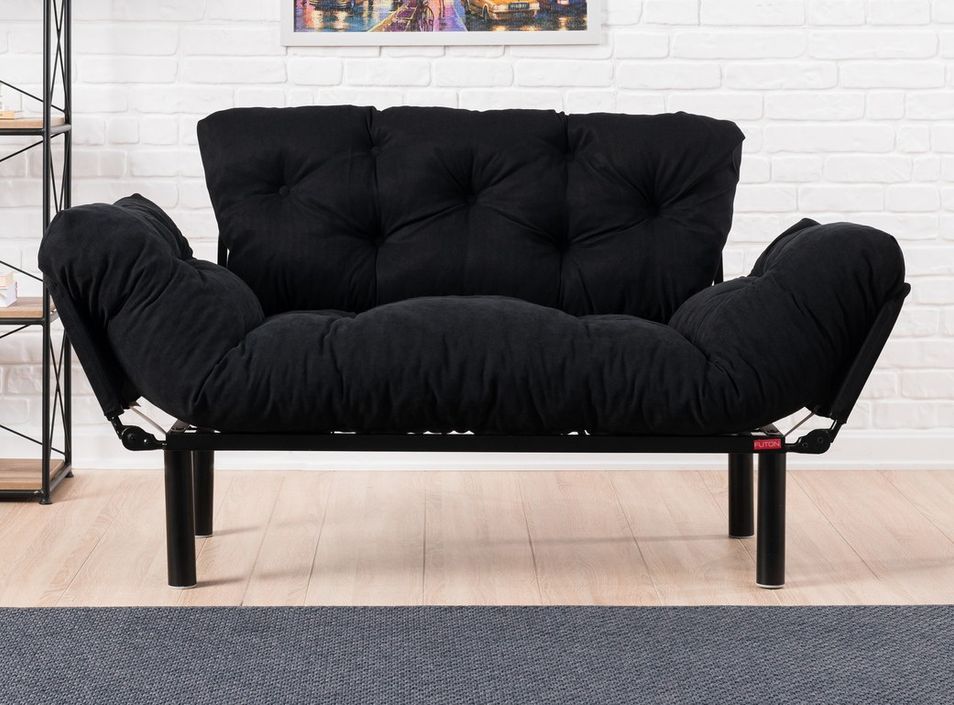 Canapé 2 places transformable en lit tissu noir Pliaz 155 cm - Photo n°1