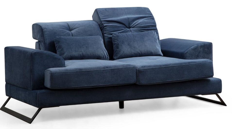 Canapé 2 places velours bleu avec têtières relevables et pieds metal noir Briko 185 cm - Photo n°2