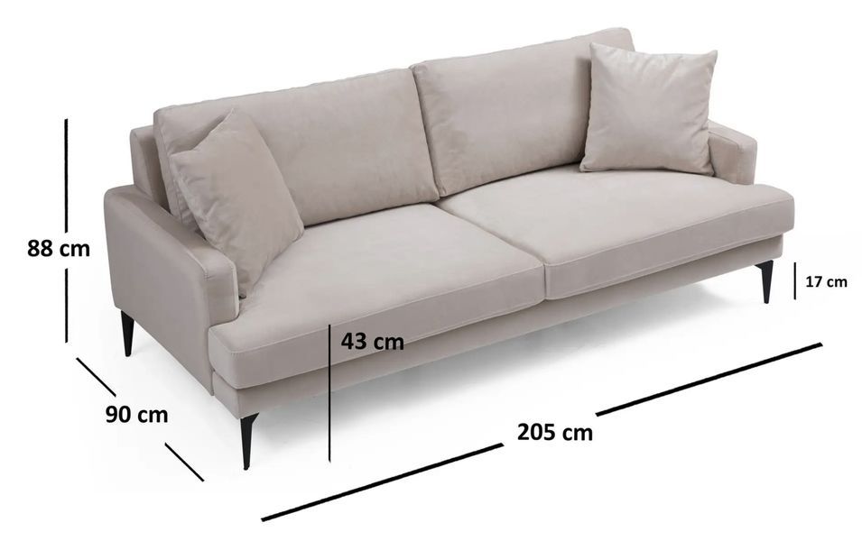Canapé 3 places design tissu velouté beige et pieds métal noir Kombaz 205 cm - Photo n°6