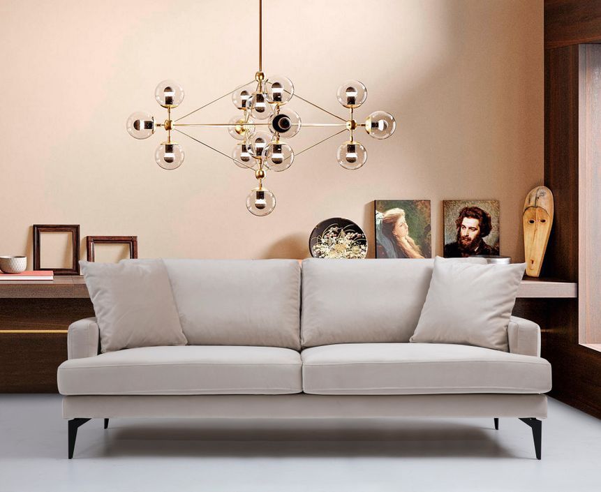 Canapé 3 places design tissu velouté beige et pieds métal noir Kombaz 205 cm - Photo n°2