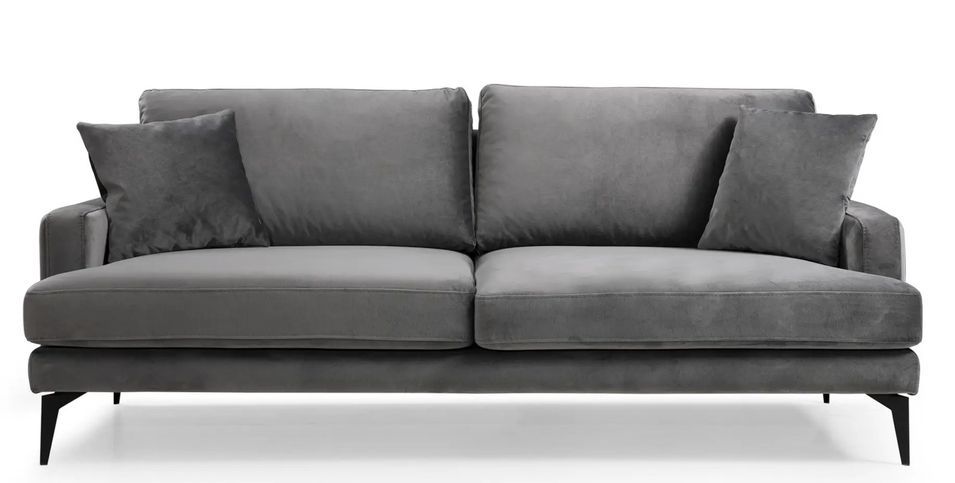 Canapé 3 places design tissu velouté gris et pieds métal noir Kombaz 205 cm - Photo n°1