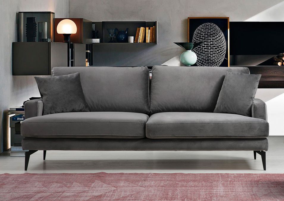 Canapé 3 places design tissu velouté gris et pieds métal noir Kombaz 205 cm - Photo n°2