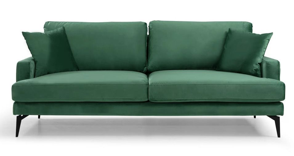 Canapé 3 places design tissu velouté vert et pieds métal noir Kombaz 205 cm - Photo n°1
