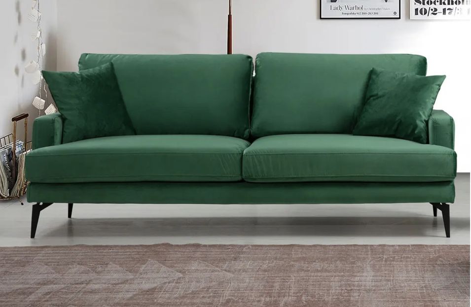 Canapé 3 places design tissu velouté vert et pieds métal noir Kombaz 205 cm - Photo n°3