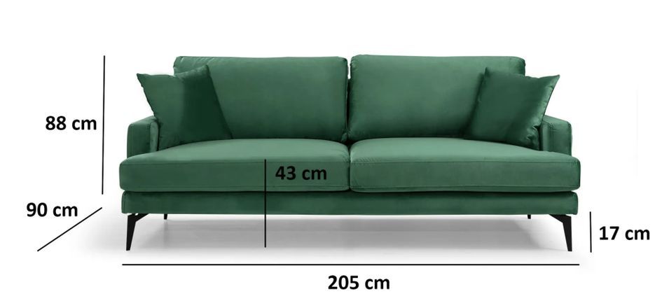 Canapé 3 places design tissu velouté vert et pieds métal noir Kombaz 205 cm - Photo n°4