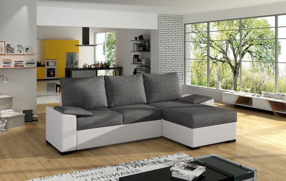 Canapé angle convertible et réversible simili blanc et tissu gris foncé Luzo 245 cm - Photo n°2