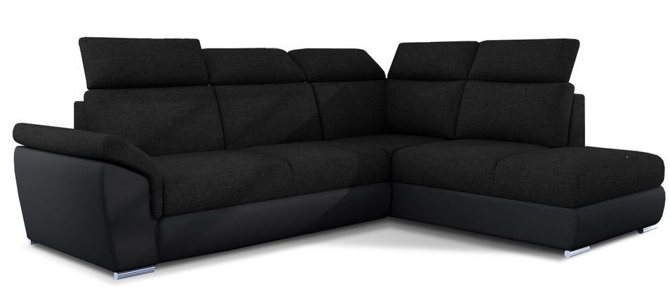 Canapé angle droit convertible tissu et simili cuir noir avec appuis-tête réglables Kepita 260 cm - Photo n°1