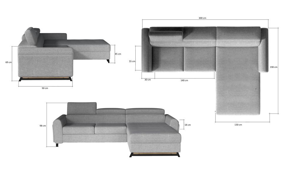Canapé angle droit convertible tissu gris clair avec appuis-tête réglables Mazerali 300 cm - Photo n°8
