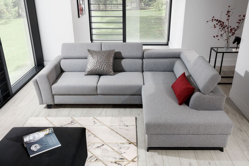 Canapé angle droit convertible tissu gris clair avec têtières réglables Nikos 265 cm - Photo n°11