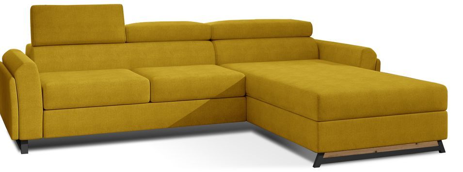 Canapé angle droit convertible tissu jaune avec appuis-tête réglables Mazerali 300 cm - Photo n°1
