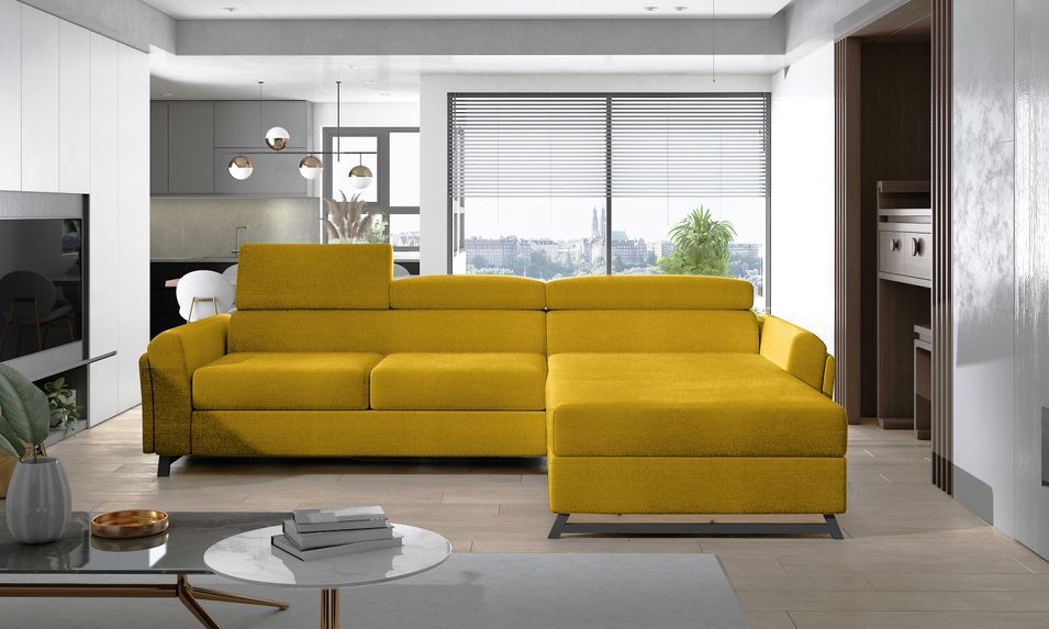 Canapé angle droit convertible tissu jaune avec appuis-tête réglables Mazerali 300 cm - Photo n°2