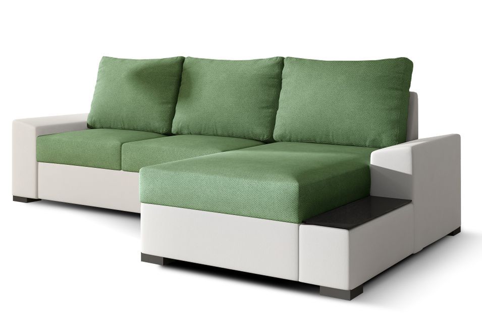 Canapé angle droit convertible tissu vert clair et simili blanc James 245 cm - Photo n°1