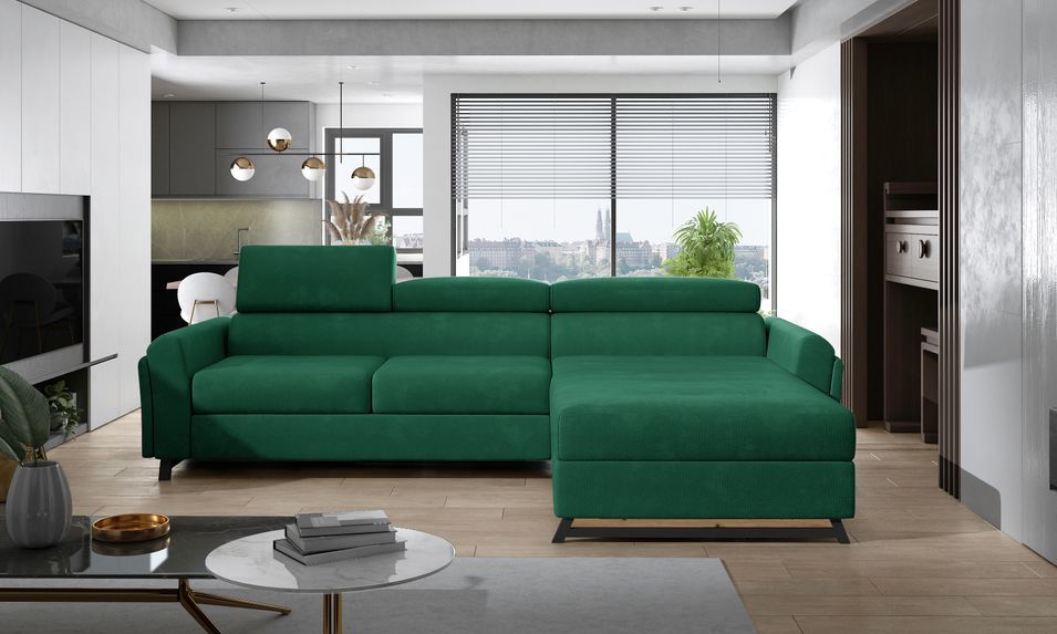 Canapé angle droit convertible velours vert bouteille avec appuis-tête réglables Mazerali 300 cm - Photo n°2