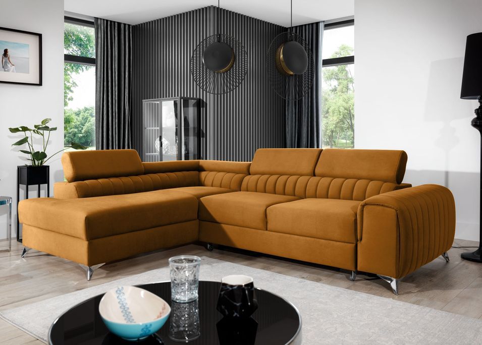 Canapé angle gauche convertible avec appuis-tête réglables velours marron orangé Lozan 275 cm - Photo n°2