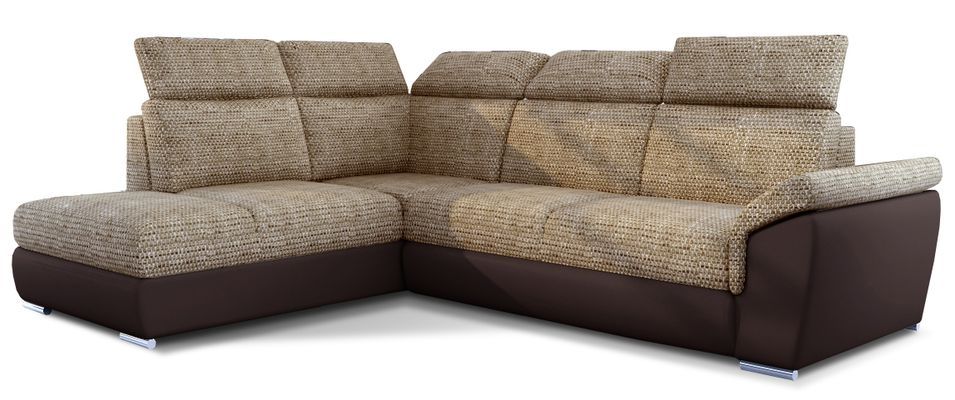 Canapé angle gauche convertible tissu beige chiné et simili marron avec appuis-tête réglables Kepita 260 cm - Photo n°1