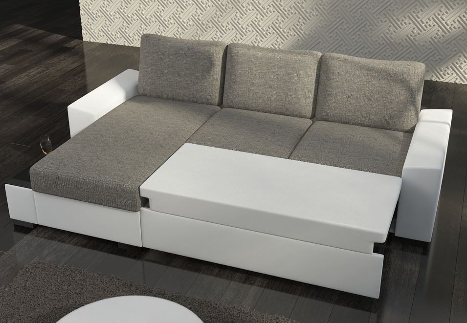 Canapé angle gauche convertible tissu beige clair chiné et simili blanc James 245 cm - Photo n°4