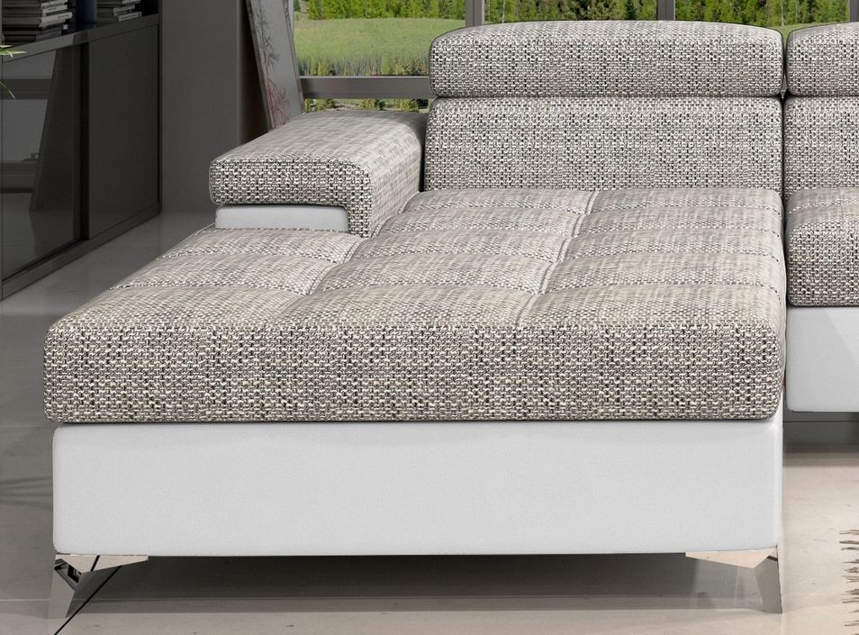 Canapé angle gauche convertible tissu gris chiné et simili blanc avec appuis-tête réglables Rikaro 280 cm - Photo n°4