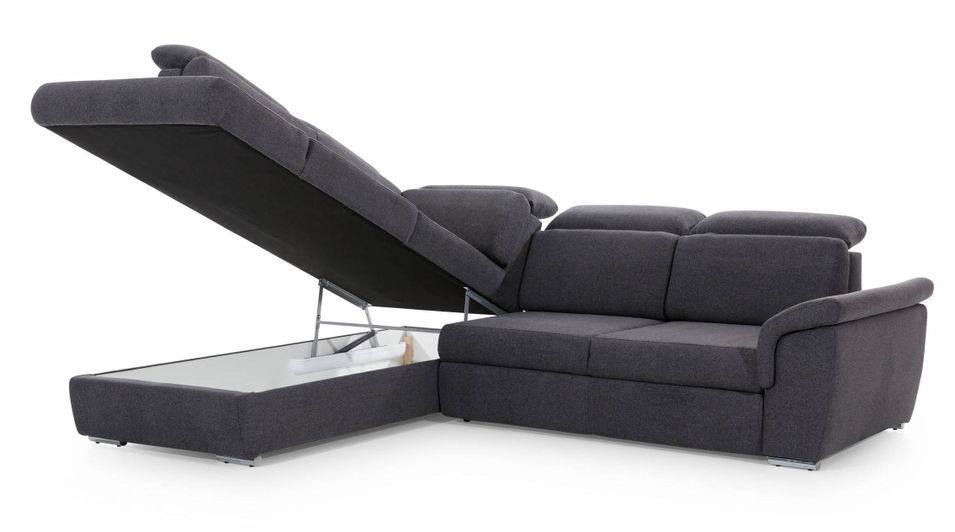 Canapé angle gauche convertible tissu gris chiné et simili cuir noir avec appuis-tête réglables Kepita 260 cm - Photo n°16