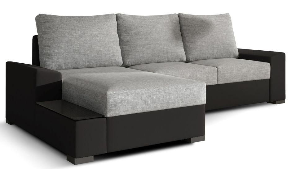 Canapé angle gauche convertible tissu gris clair et simili noir James 245 cm - Photo n°1