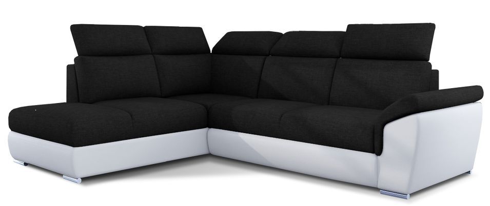 Canapé angle gauche convertible tissu noir et simili cuir blanc avec appuis-tête réglables Kepita 260 cm - Photo n°1