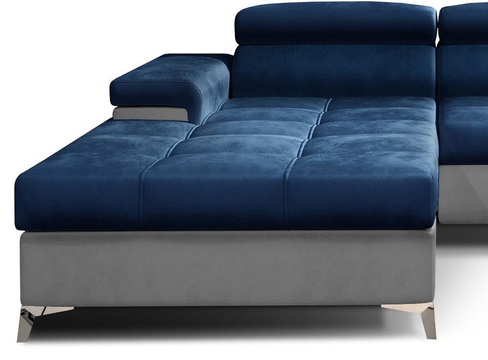 Canapé angle gauche convertible velours bleu marine et gris clair avec appuis-tête réglables Rikaro 280 cm - Photo n°3