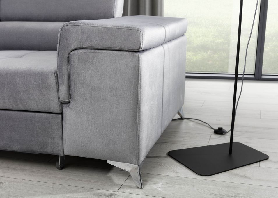 Canapé angle gauche convertible velours gris clair avec appuis-tête réglables Rikaro 280 cm - Photo n°6