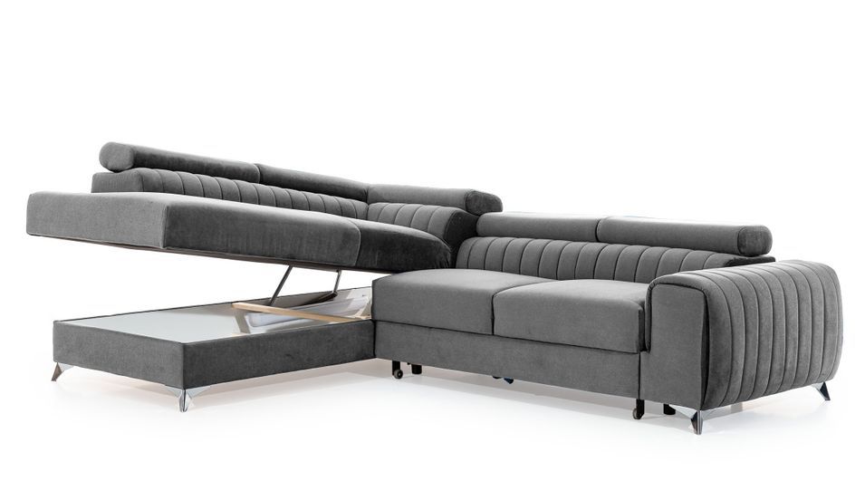 Canapé angle tissu avec appuis-tête réglables Loza - Convertible et coffre - Photo n°5