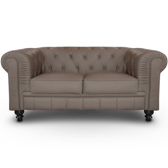 Canapé Chesterfield 2 places imitation cuir taupe - Photo n°1
