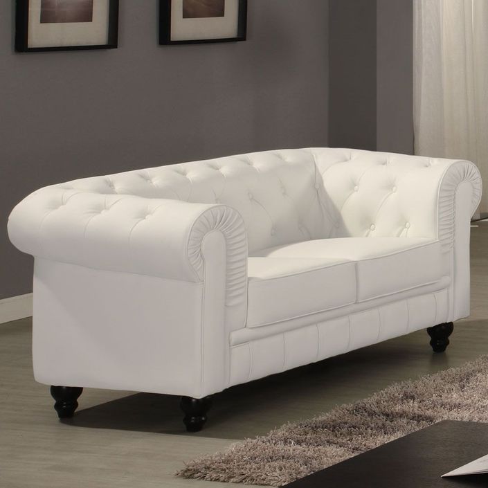 Canapé chesterfield 2 places simili cuir blanc Itish - Photo n°4