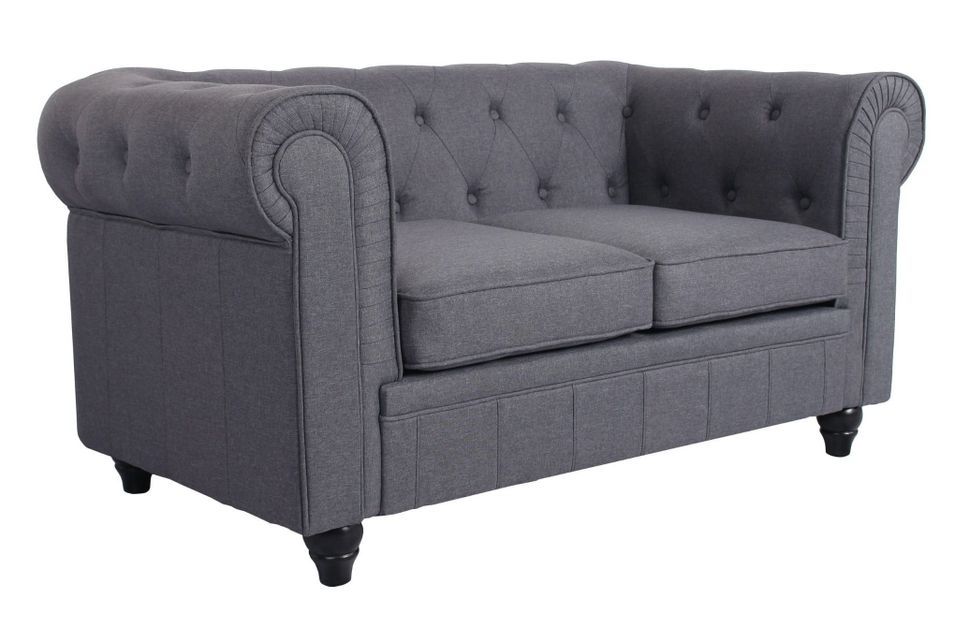 Canapé chesterfield 2 places tissu gris effet lin Itish - Photo n°2