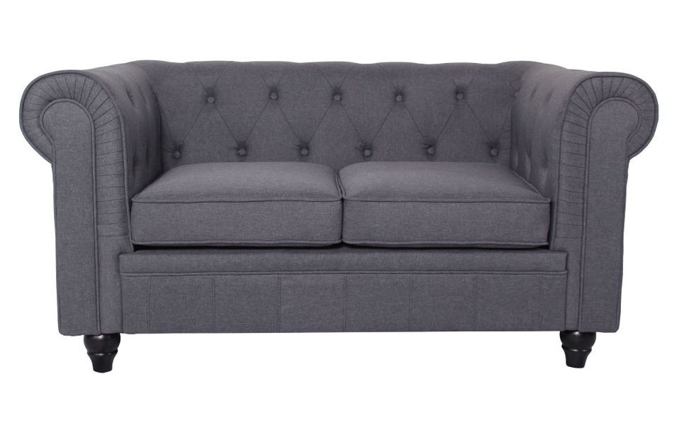 Canapé chesterfield 2 places tissu gris effet lin Itish - Photo n°1