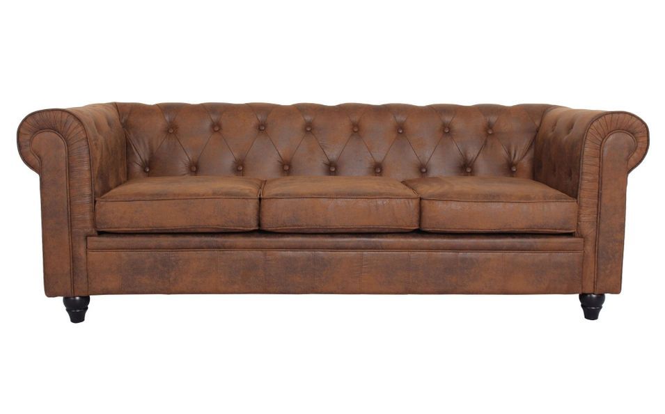 Canapé chesterfield 3 places tissu marron vintage Itish - Photo n°1
