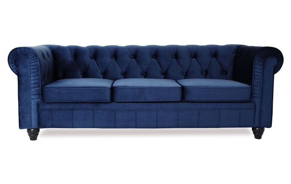 Canapé chesterfield 3 places velours bleu Itish - Photo n°1